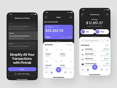 Fintrak - Digital Payment app design bank banking app card design finance financial app fintech minimalist mobile mobile app money money transfer onboard onboarding screen onboarding ui splash screen transaction ui wallet