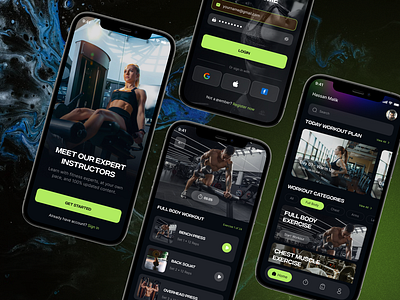 Gym Workout Mobile App UI Design app concept cycling dark design app exersise fitness fitness app gym gym app interface ios muscle online training running sports traning woman workout