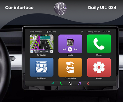 Car Interface Daily UI 034 application car interface daily ui dashboard design drive graphic design illustration map media navigation phone settings ui ux vector