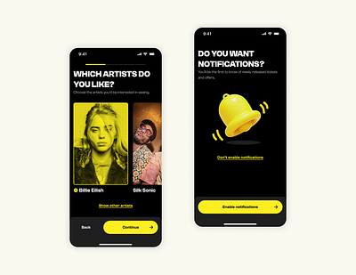 Stub • Onboarding & Enable Push Notifications artists bands billie eilish event gig music musicians notifications performance push notifications tour