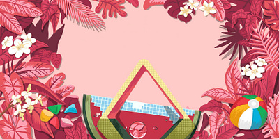 Watermelon Character Banner Design banner design banner illustration character character design flowers frangipani illustration orchid palm leaves tropical banner tropical leaves vector watermelon