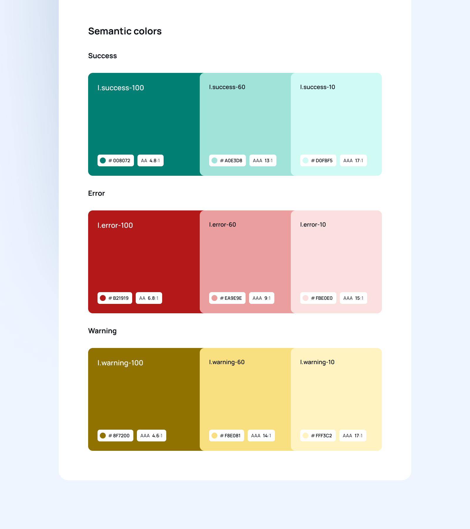 a part of a color palette documentation that shows a variety of semantic colors