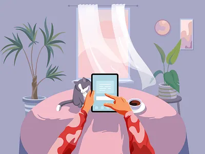 hands and devices 2d art animation app article design branding cat design drawing evening flat graphic design hands illustration morning motion graphics ui vector window