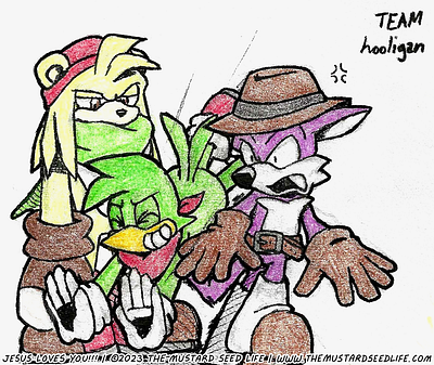 Team Hooligan – Bark, Bean, & Nack/Fang Fanart bark bark the polar bear bean bean the dynamite character characters colored pencil fan art fanart illustration ink inks jesus loves you!!! marker nack nack the weasel sonic sonic the hedgehog the mustard seed life traditional