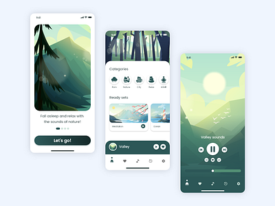 Mobile application for listening to relaxing music 🎵 adobe xd animation design dribbble figma illustration mobile mobile design music nature relax ui uiux design ux