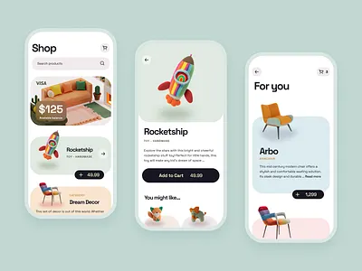 Shopping & eCommerce Mobile App app app design colorful design e commerce e commerce design ecommerce ecommerce app furniture mid century minimal mobile design mobile ui online shop pastels product shop app shopping shopping app ui