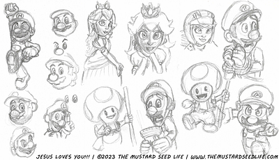 The Super Mario Bros. Movie Sketch Studies! character characters fan art fanart illustration jesus loves you!!! luigi mario peach pencil princess peach sketch studies study style stylized super mario the mustard seed life toad traditional