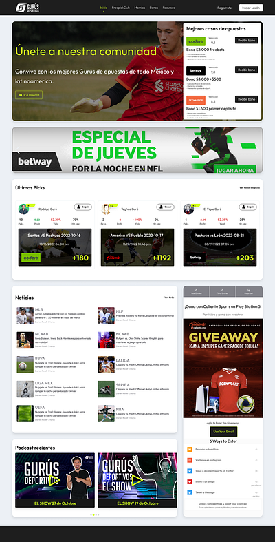 Landing Page GURÚS DEPORTIVOS animation betting branding cash logo ui ux