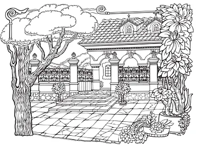 Little Cozy Town. Printable coloring page for adults. Vector. 2d linear