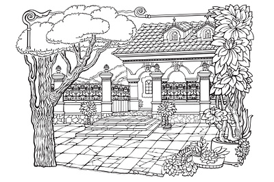 Little Cozy Town. Printable coloring page for adults. Vector. 2d linear