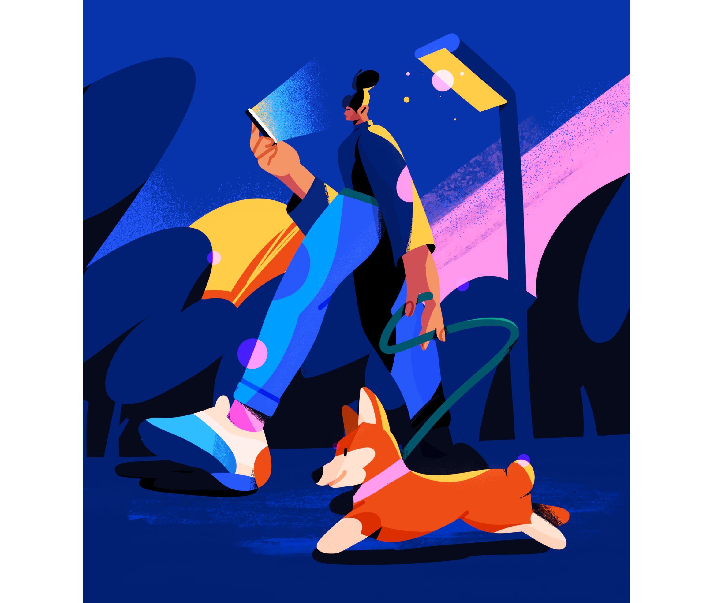 Night Walk .woman corgi dogs grain illustration janis night people peple poses smallbusiness textures ui walk walking