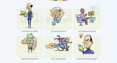 Creative fun Iconography for Software Development Services branding cartoons design graphic design iconography illustration meme icons. ui ux web
