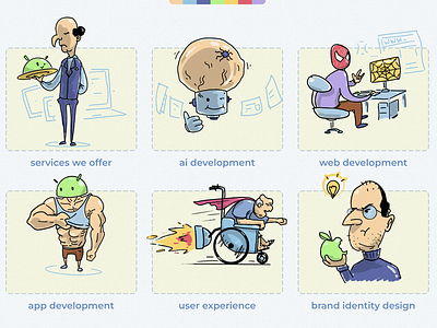 Creative fun Iconography for Software Development Services branding cartoons design graphic design iconography illustration meme icons. ui ux web