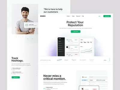 Brand24 green home landing listening media monitoring page sentiment social tool trend ui ux website