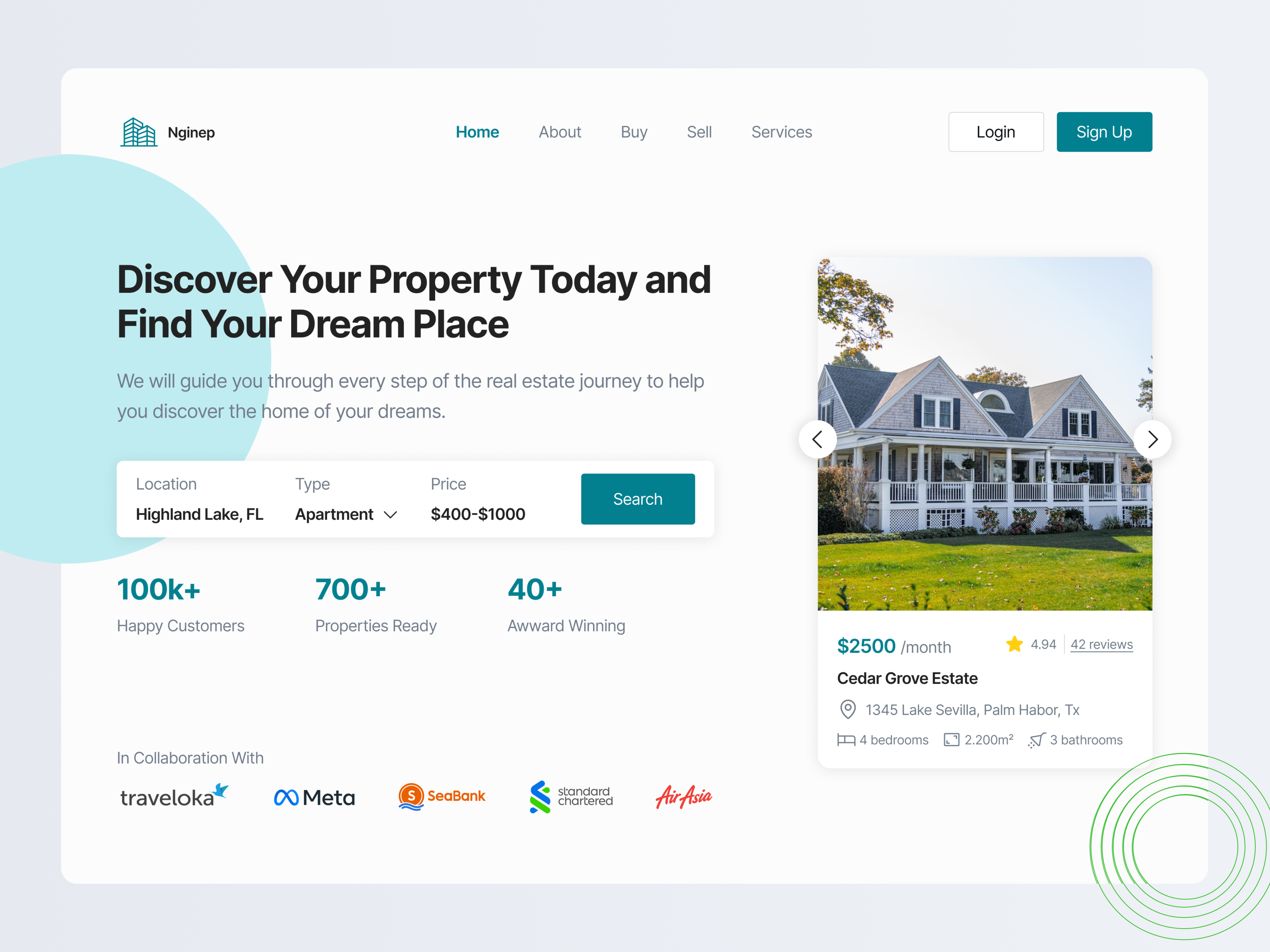 Nginep - Real Estate Landing Page apartment app branding design exploration graphic design herosection home screen house illustration landingpage logo mobile realestate realestatelandingpage ui uidesign uiux web website