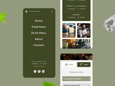 Cedar Room - Mobile Screens bar beverage cedar drink food gree mobile ui ux