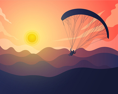 Paragliding silhouette with background of mountains and sunset sky
