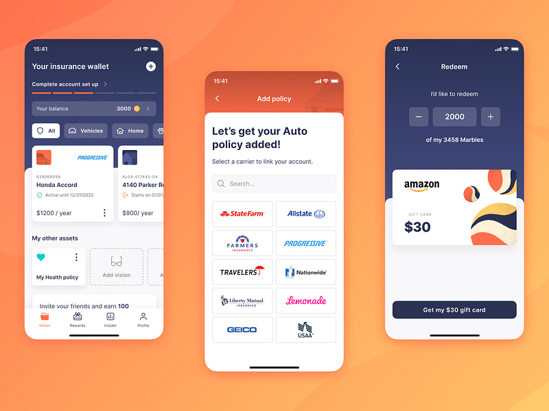 Marble — Insurtech App UI app application design digital products digital wallet finances fintech insurance insurtech loyalty platform marble policies policy holders rewards startup ui ux z1 z1 digital studio