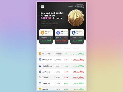 CALIPSO Crypto Platform UI/UX app btc buy chart coin crypto dark eth light mobile sell table trading two tone ui ux website