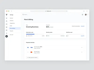 E-book Store - Plan & Billing billing card dashboard method payment plan plans pricing settings subscription table ui ux