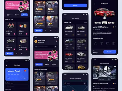 Filllo Automotive App UI Kit app design auto automobile car cleaning car detailing car rent service car repair car wash cars design filllo mechanic mobile mobile app repair service transport ui uidesign uiux vehicle