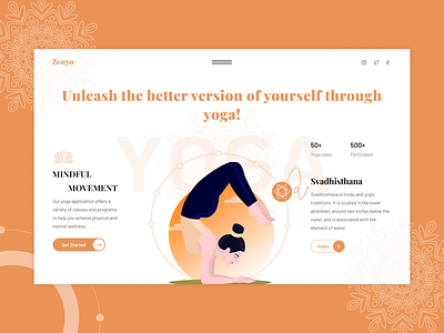 Yoga learning website buttons card carousel description design fonts home page icons illustration light mode logo nav bar notification social media ui video