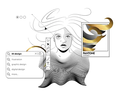 Illustrator in progress - autoportrait adobe illustrator black and white design gold graphic design illustration illustrator line art portrait vector