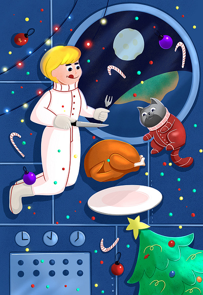 Christmas dinner artwork bookillustration cartoon cat character concept character design christmas christmas tree decorations digital 2d dinner earth illustration illustrator kidillustration planets space spaceship spacesuit