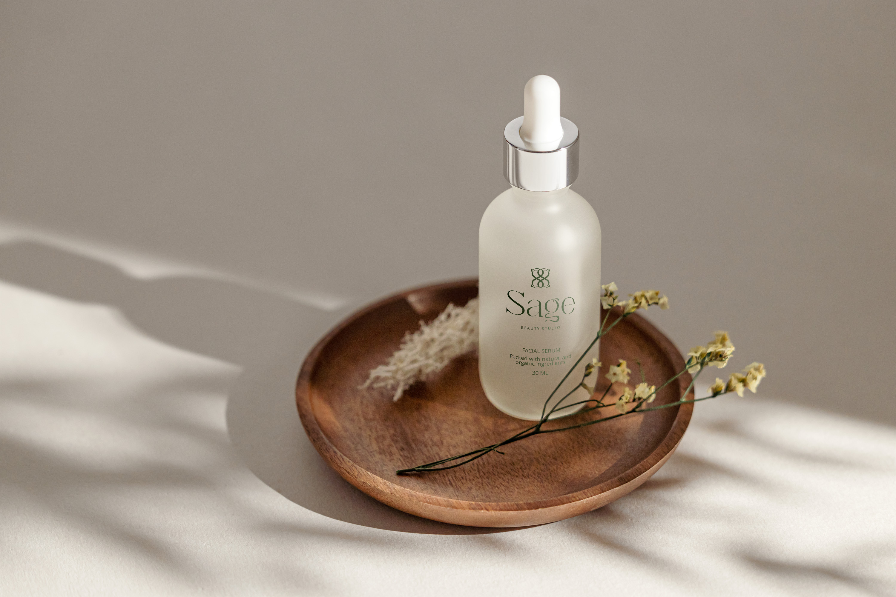 Sage Beauty Studio Branding beauty beauty salon beige branding cosmetics design graphic design green logo logodesign luxurybranding mockup natural organic serum