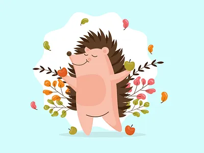 Cute Hedgehog art cartoon decoration design forest graphic design happy hedgehog hedgehog with leaves and apples illustration leaves modern print smile trend