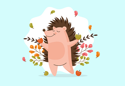Cute Hedgehog art cartoon decoration design forest graphic design happy hedgehog hedgehog with leaves and apples illustration leaves modern print smile trend