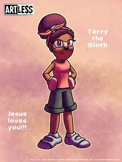 Terry the Sloth | Meet the Cast of ARTLESS! artless awesome cartoon character comic design fun illustration jesus loves you!!! original style stylized terry the mustard seed life webcomic