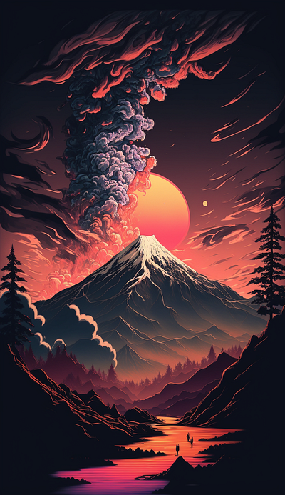 Mount Fuji Oil Painting Style with a colorful blast digitalart illustration nature posteridea