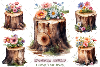 Cute Flower Wooden Stump Watercolor Clipart design floral woodland graphic design illustration vector