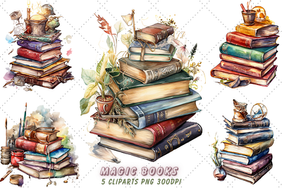 Cute Magic Books Watercolor Clipart design graphic design illustration vector watercolor illustration