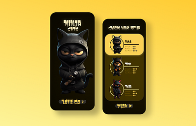 UI Screens | MOBILE GAME 3d android animation black branding cats concept game gameplay gameui gaming graphic design highcontrast ios mobilegame ninja product ui uiux yellow