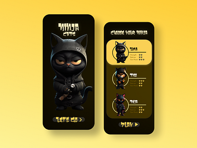 UI Screens | MOBILE GAME 3d android animation black branding cats concept game gameplay gameui gaming graphic design highcontrast ios mobilegame ninja product ui uiux yellow