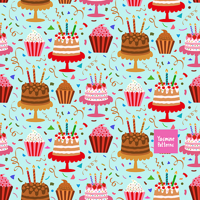 Birthday party cakes and cupcakes seamless pattern with confetti birthday cake cakes candles celebration chocolate confetti cupcake cupcakes dessert graphic design illustration parties party pattern stationary strawberry sweet sweets vector wrapping paper