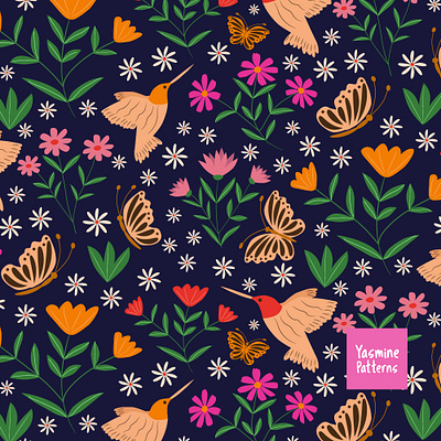 Whimsical Flowers pattern with hummingbirds and butterflies birds butterflies decorative fabric designer floral pattern flying birds garden graphic design home decor hummingbirds illustration leaves nature seamless pattern stationary surface pattern textile designer wallpaper whimsical