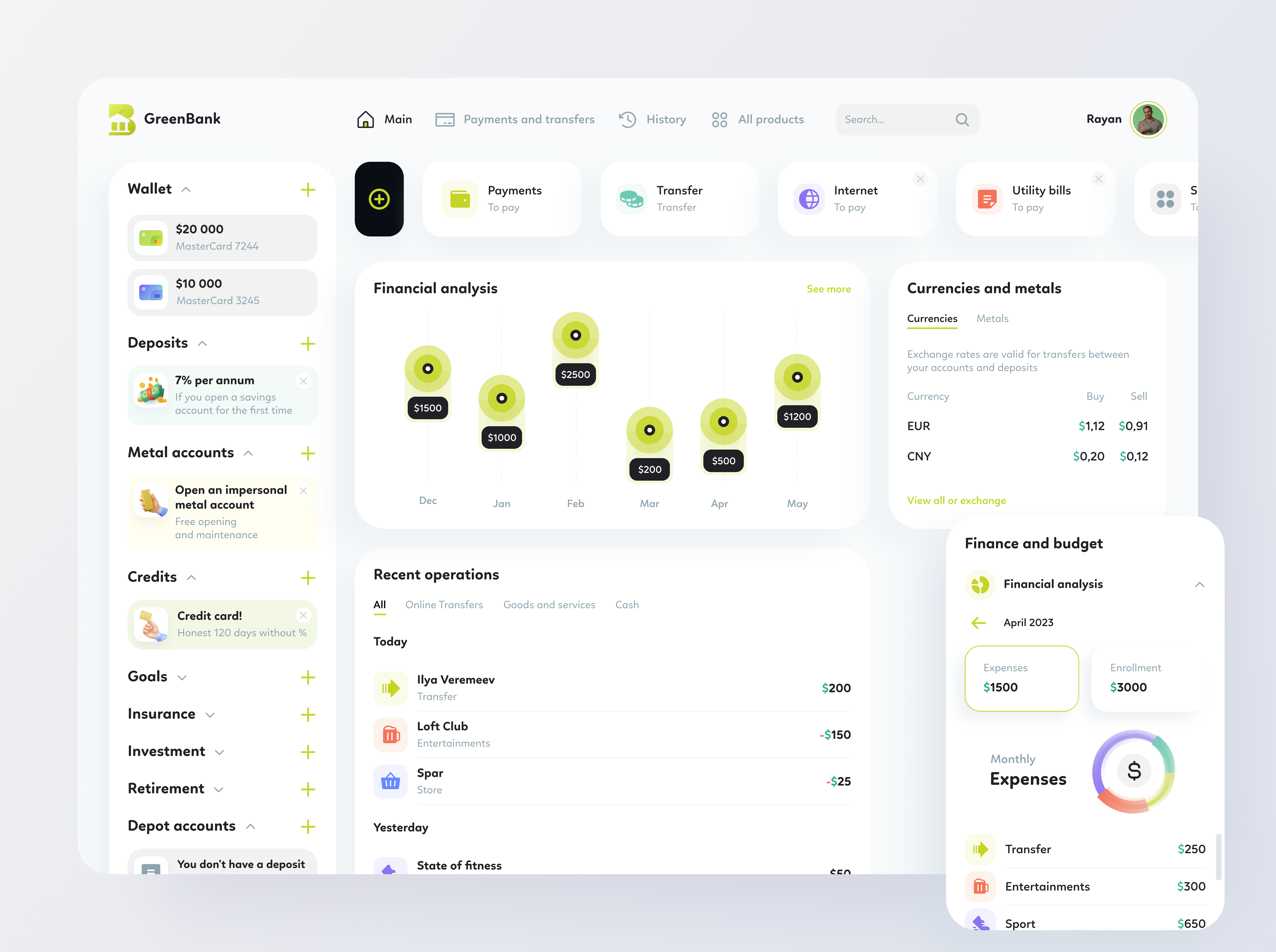 GreenBank - Main Page app design bank banking banking application credit card finance financial fintech app product design ui uiux web