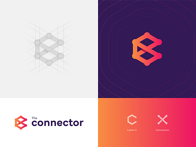 The Connector Logo Design branding c connection construction finance fintech geometric grid hexagon letter c logo orange