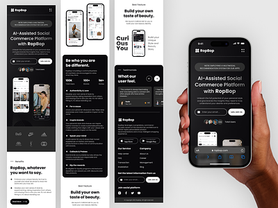 ⚫️ RopBop - Responsive Mobile One Page ai app store assisted social black and white clean design company ecommerce fashion mobile responsive mockup onepage platform play store promotion responsive ropbop social social commerce uiux user interface