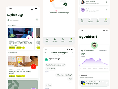 Gigs app card chat clean dashboard mobile design feed flat freelancer ios layout ui ux