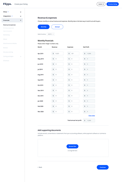 Flippa Seller Onboarding design ui ux