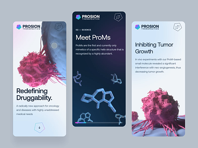 PROSION Therapeutics - Web & UI/UX Interaction 2023 - Mobile 1 3d animation biology biotech cancer cure dna drug gradient health illustration landing page medicine mobile pharma pill protein science tumor ui