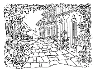 Little Cozy Town. Printable coloring page for adults. Vector. little cozy town