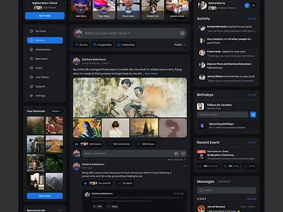 Social Media Web Application Platform Dark branding comment community dark dashboard facebook feed group instagram linkedin marketplace messenger platform ui post share social app social media social media platform twitter web appications
