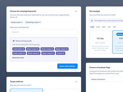 Shown AI • Create a new ad campaign flow budget builder campaigns cards cms components data design system editor list modals money onboarding popover popup pricing saas settings steps ui kit