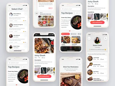 Cooking Recipe App app ui clean cooking cooking app eat eating food food app foodie live cooking app mobile mobile app mobile food app modern recipe recipe app steak