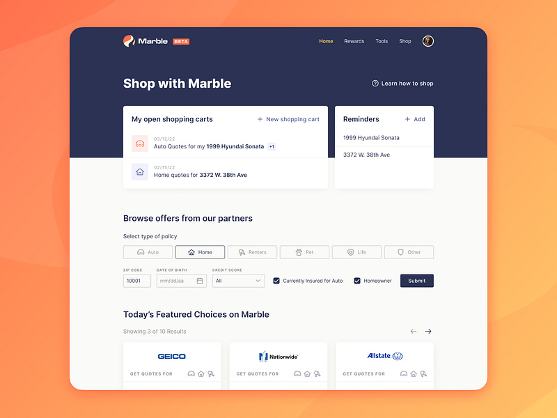 Marble — Insurtech Web App clean digital product digital products digital wallet finances fintech insurance insurance technology insurtech marble policies policy holder rewards savings startup ui user experience web app webapp z1